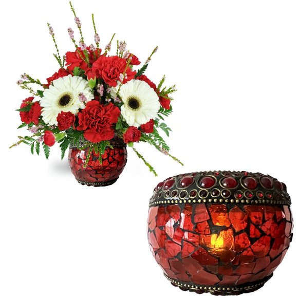 Radiant Elegance: Retro Mosaic Candle Holder / Vase with Brass & Rhinestone Trim - Picture 2 of 13